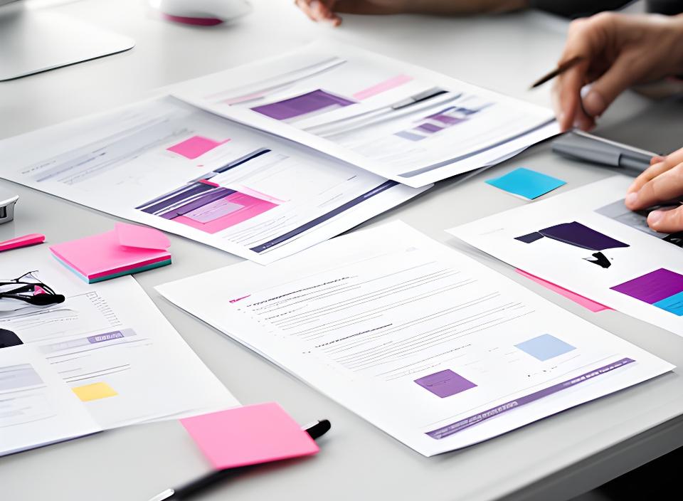 Designer reviewing a commercial proposal and contract pages on a modern desk with colour notes