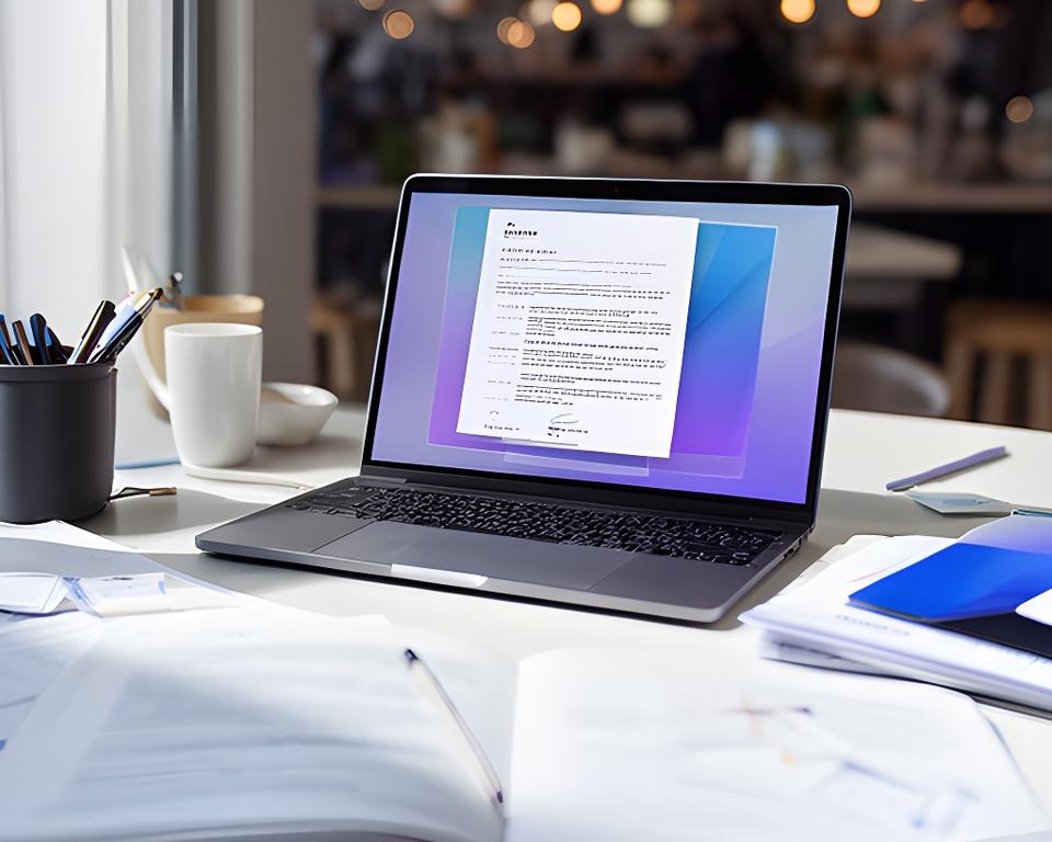 Freelancer editing a PDF contract in a bright café near a laptop and notebook