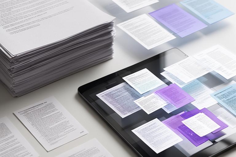 Стос паперів і планшет із кількома PDF-файлами для об'єднання в один архів