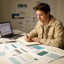 Copywriter working with printed notes and a laptop in a calm studio