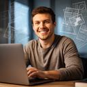Web designer smiling at a desk with laptop and wireframe sketches